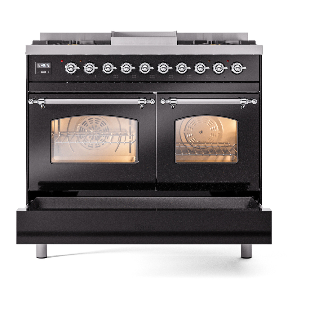 ILVE UPD40FNMPBKC Nostalgie II 40 inch Dual Fuel Range with Double Ovens, 6 Burners and Griddle (Natural Gas, Triple Glass Door, Glossy Black, Chrome) 9 ILVE UPD40FNMPBKC Nostalgie II 40" Dual Fuel Range, drawer opened