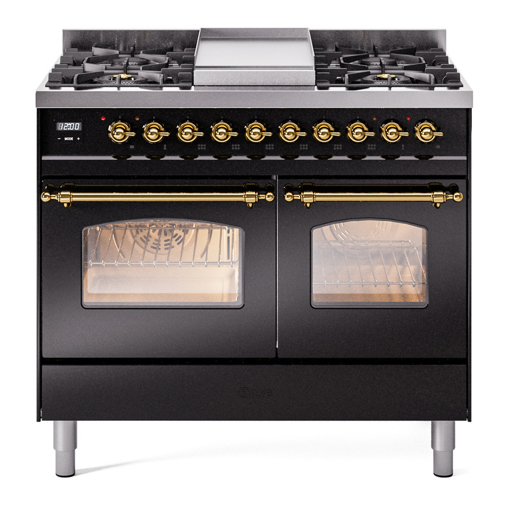 ILVE UPD40FNMPBKG Nostalgie II 40 inch Dual Fuel Range with Double Ovens, 6 Burners and Griddle (Natural Gas, Triple Glass Door, Glossy Black, Brass) 1 UPD40FNMPBKG