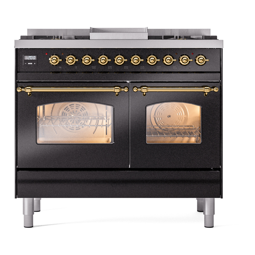 ILVE UPD40FNMPBKG Nostalgie II 40 inch Dual Fuel Range with Double Ovens, 6 Burners and Griddle (Natural Gas, Triple Glass Door, Glossy Black, Brass) 5 ILVE UPD40FNMPBKG Nostalgie II 40" Dual Fuel Range, front view