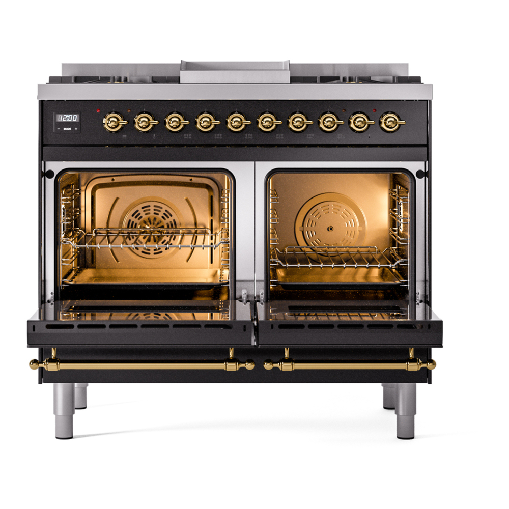 ILVE UPD40FNMPBKG Nostalgie II 40 inch Dual Fuel Range with Double Ovens, 6 Burners and Griddle (Natural Gas, Triple Glass Door, Glossy Black, Brass) 6 ILVE UPD40FNMPBKG Nostalgie II 40" Dual Fuel Range, oven doors opened