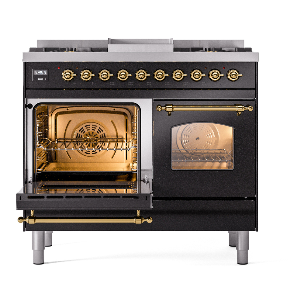 ILVE UPD40FNMPBKG Nostalgie II 40 inch Dual Fuel Range with Double Ovens, 6 Burners and Griddle (Natural Gas, Triple Glass Door, Glossy Black, Brass) 7 ILVE UPD40FNMPBKG Nostalgie II 40" Dual Fuel Range, main oven door opened
