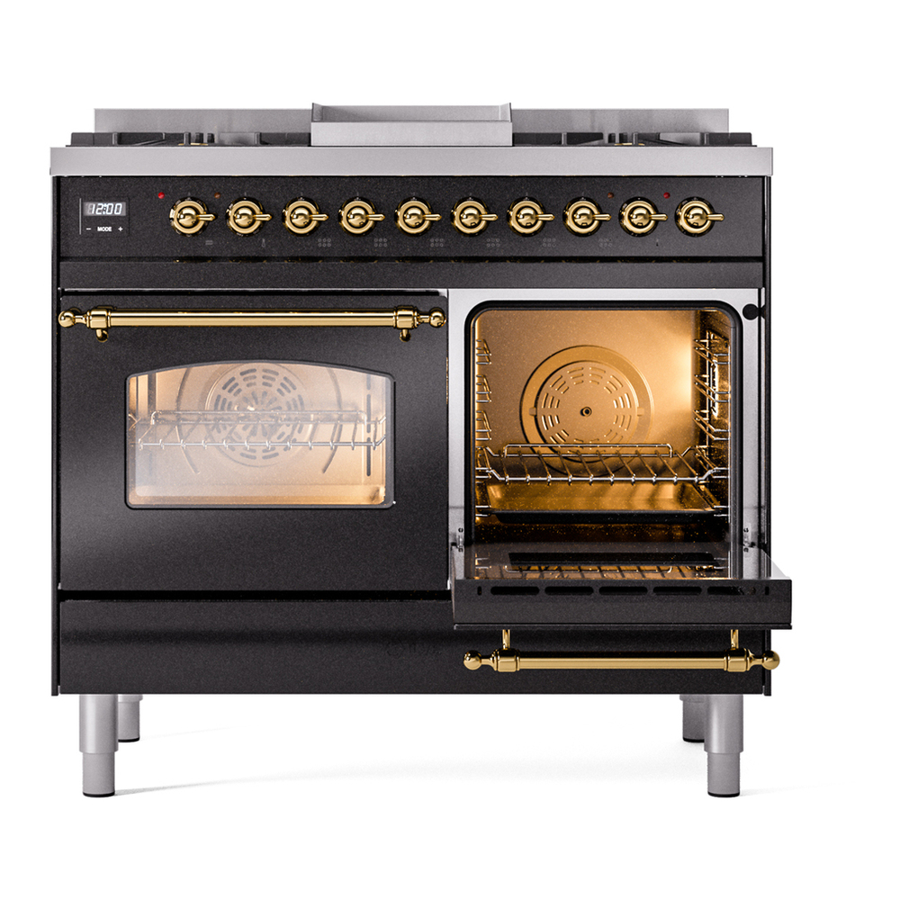 ILVE UPD40FNMPBKG Nostalgie II 40 inch Dual Fuel Range with Double Ovens, 6 Burners and Griddle (Natural Gas, Triple Glass Door, Glossy Black, Brass) 8 ILVE UPD40FNMPBKG Nostalgie II 40" Dual Fuel Range, side oven door opened