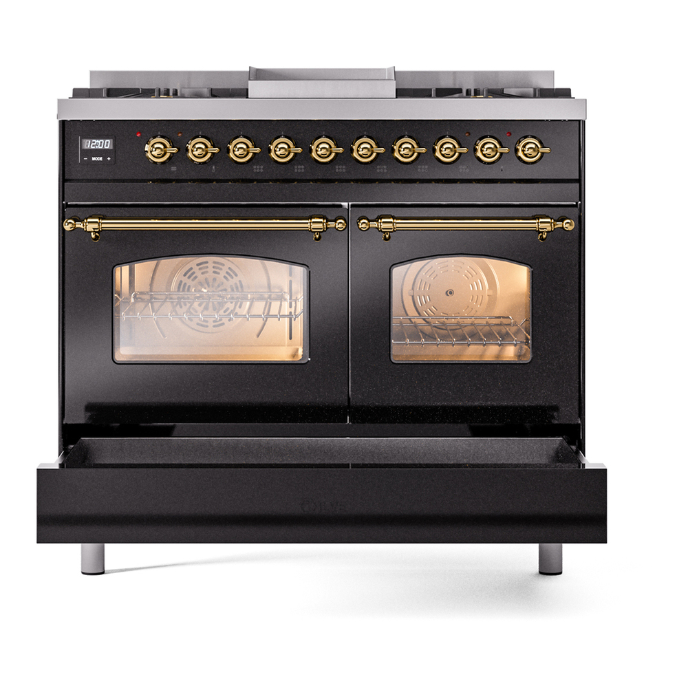 ILVE UPD40FNMPBKG Nostalgie II 40 inch Dual Fuel Range with Double Ovens, 6 Burners and Griddle (Natural Gas, Triple Glass Door, Glossy Black, Brass) 9 ILVE UPD40FNMPBKG Nostalgie II 40" Dual Fuel Range, drawer opened