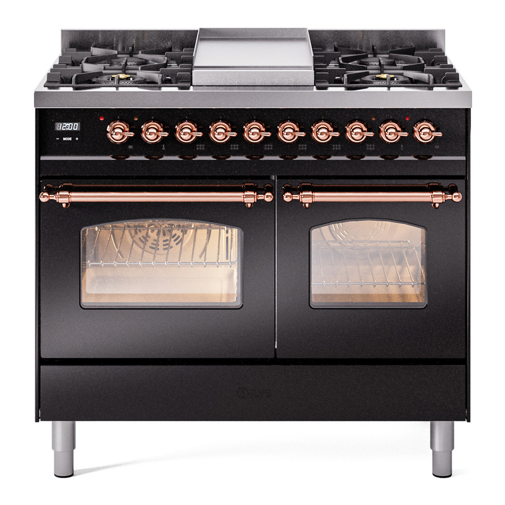 ILVE UPD40FNMPBKPLP Nostalgie II 40 inch Dual Fuel Range with Double Ovens, 6 Burners and Griddle (Liquid Propane, Triple Glass Door, Glossy Black, Copper) 1 UPD40FNMPBKPLP