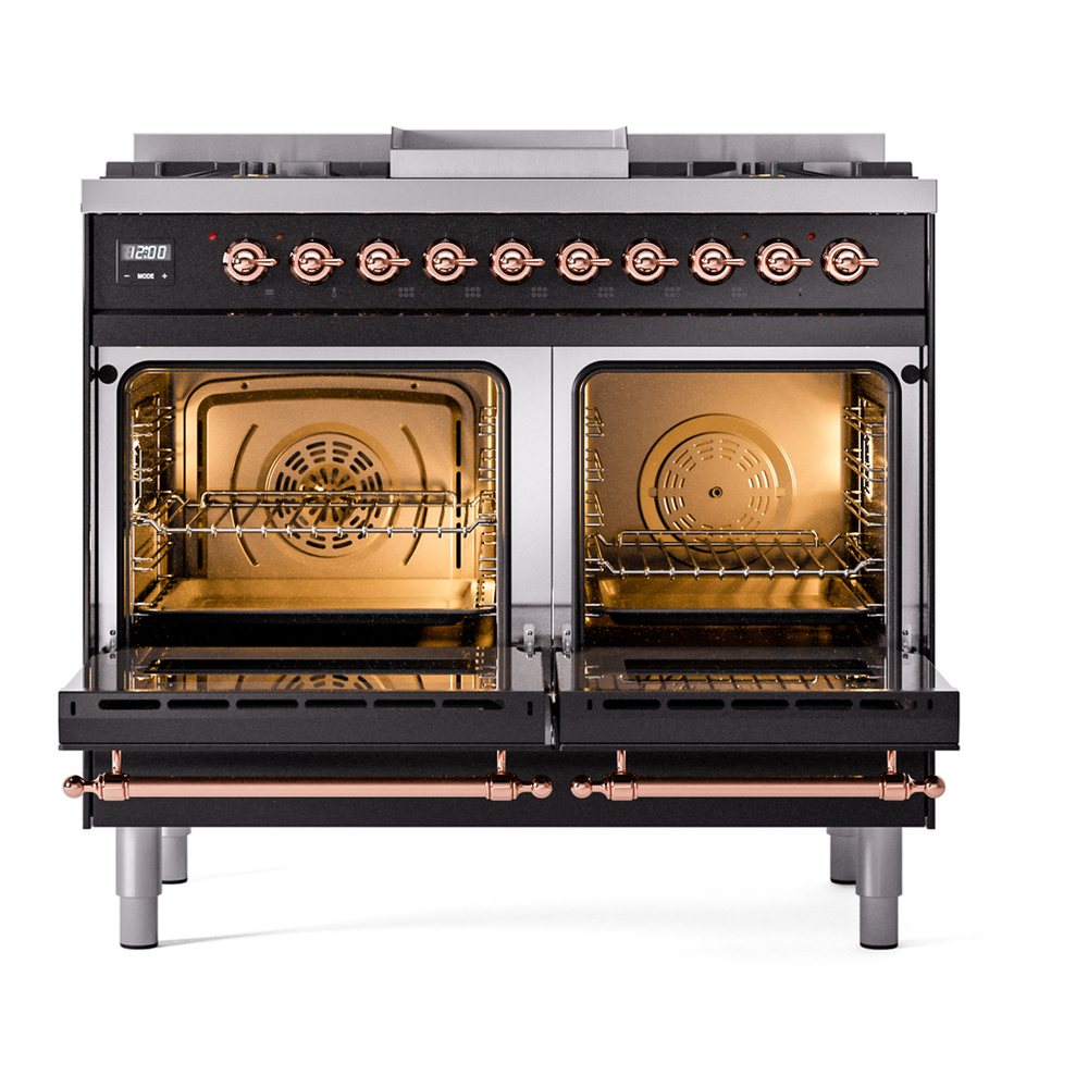 ILVE UPD40FNMPBKPLP Nostalgie II 40 inch Dual Fuel Range with Double Ovens, 6 Burners and Griddle (Liquid Propane, Triple Glass Door, Glossy Black, Copper) 6 ILVE UPD40FNMPBKPLP Nostalgie II 40" Dual Fuel Range, oven doors opened