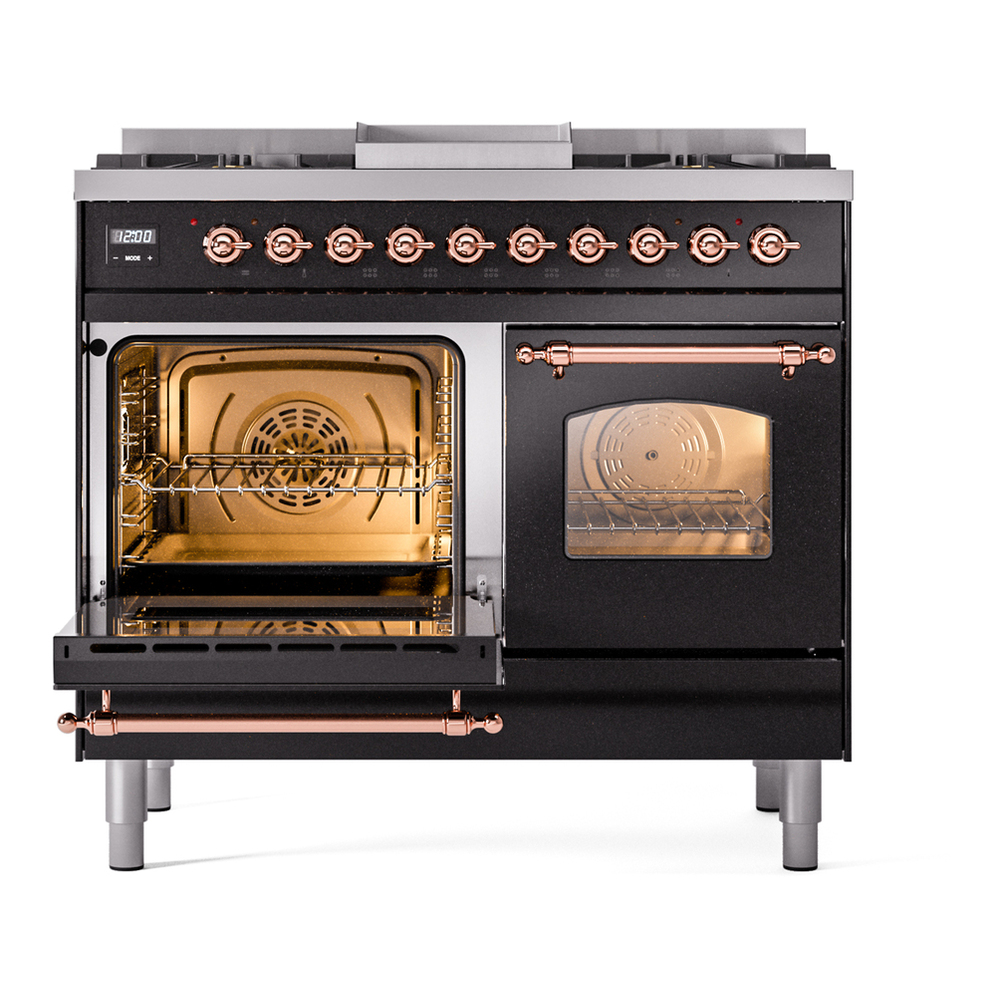 ILVE UPD40FNMPBKPLP Nostalgie II 40 inch Dual Fuel Range with Double Ovens, 6 Burners and Griddle (Liquid Propane, Triple Glass Door, Glossy Black, Copper) 7 ILVE UPD40FNMPBKPLP Nostalgie II 40" Dual Fuel Range, main oven door opened