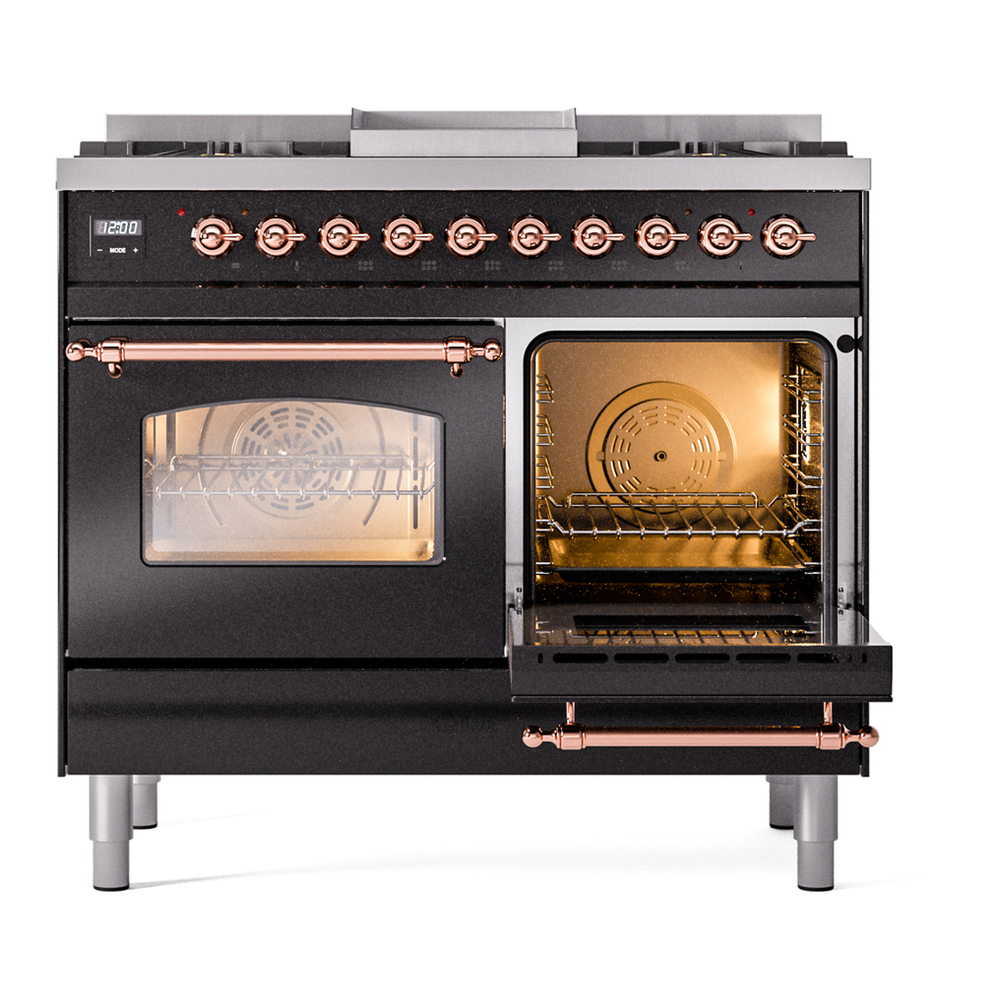 ILVE UPD40FNMPBKPLP Nostalgie II 40 inch Dual Fuel Range with Double Ovens, 6 Burners and Griddle (Liquid Propane, Triple Glass Door, Glossy Black, Copper) 8 ILVE UPD40FNMPBKPLP Nostalgie II 40" Dual Fuel Range, side oven door opened