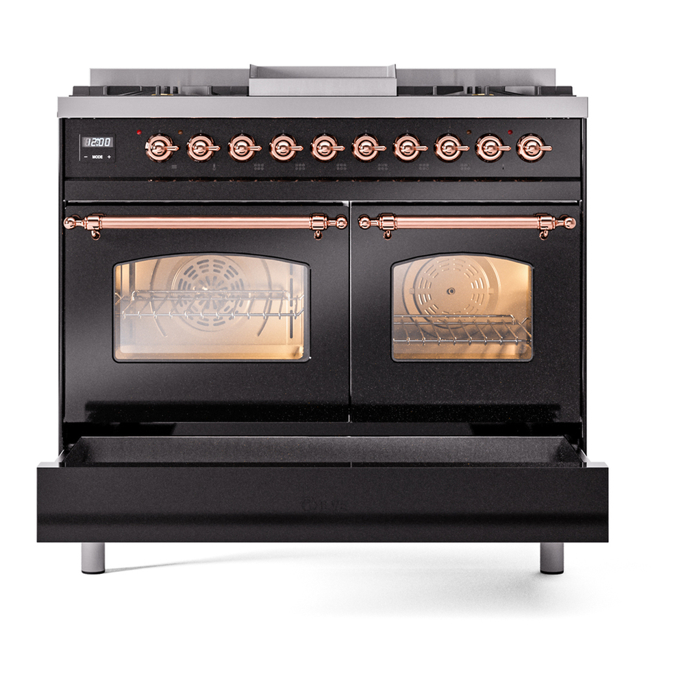 ILVE UPD40FNMPBKPLP Nostalgie II 40 inch Dual Fuel Range with Double Ovens, 6 Burners and Griddle (Liquid Propane, Triple Glass Door, Glossy Black, Copper) 9 ILVE UPD40FNMPBKPLP Nostalgie II 40" Dual Fuel Range, drawer opened