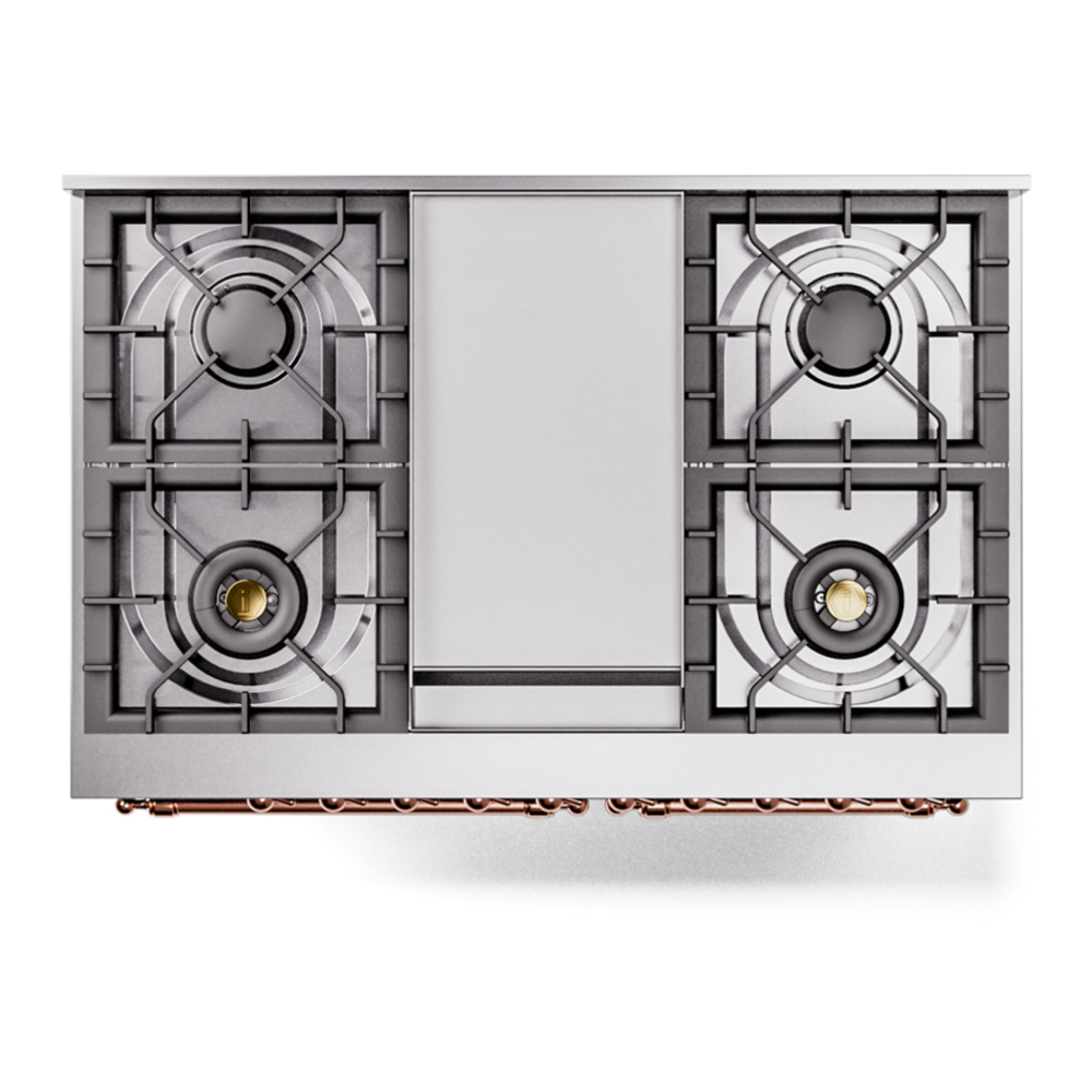 ILVE UPD40FNMPBKPLP Nostalgie II 40 inch Dual Fuel Range with Double Ovens, 6 Burners and Griddle (Liquid Propane, Triple Glass Door, Glossy Black, Copper) 11 ILVE UPD40FNMPBKPLP Nostalgie II 40" Dual Fuel Range, top view