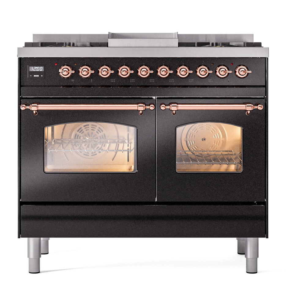 ILVE UPD40FNMPBKP Nostalgie II 40 inch Dual Fuel Range with Double Ovens, 6 Burners and Griddle (Natural Gas, Triple Glass Door, Glossy Black, Copper) 5 ILVE UPD40FNMPBKP Nostalgie II 40" Dual Fuel Range, front view