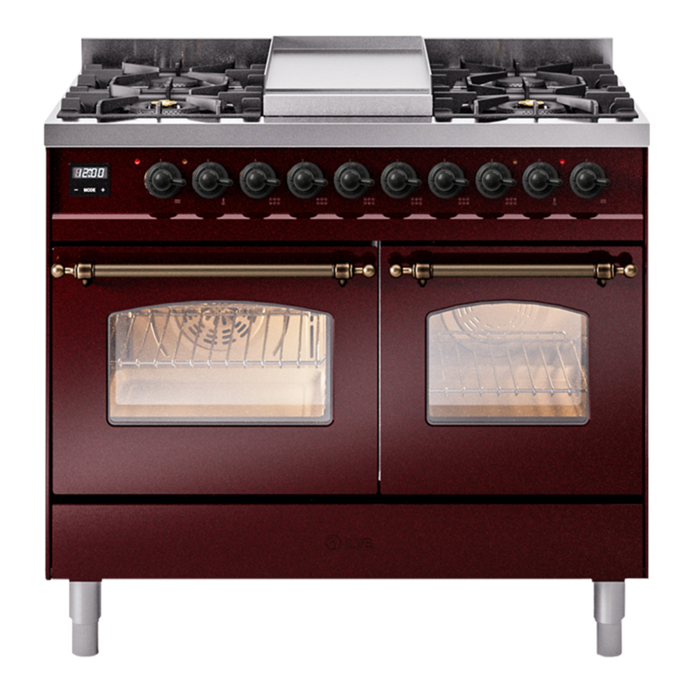 ILVE UPD40FNMPBUBLP Nostalgie II 40 inch Dual Fuel Range with Double Ovens, 6 Burners and Griddle (Liquid Propane, Triple Glass Door, Burgundy, Burnished) 1 UPD40FNMPBUBLP