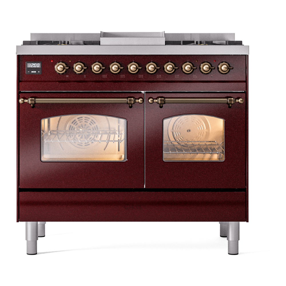 ILVE UPD40FNMPBUBLP Nostalgie II 40 inch Dual Fuel Range with Double Ovens, 6 Burners and Griddle (Liquid Propane, Triple Glass Door, Burgundy, Burnished) 5 ILVE UPD40FNMPBUBLP Nostalgie II 40" Dual Fuel Range, front view