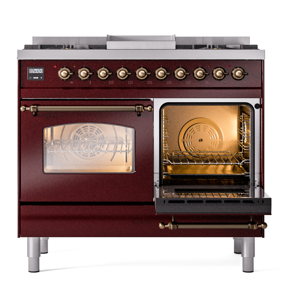 ILVE UPD40FNMPBUBLP Nostalgie II 40 inch Dual Fuel Range with Double Ovens, 6 Burners and Griddle (Liquid Propane, Triple Glass Door, Burgundy, Burnished) 8 ILVE UPD40FNMPBUBLP Nostalgie II 40" Dual Fuel Range, side oven door opened