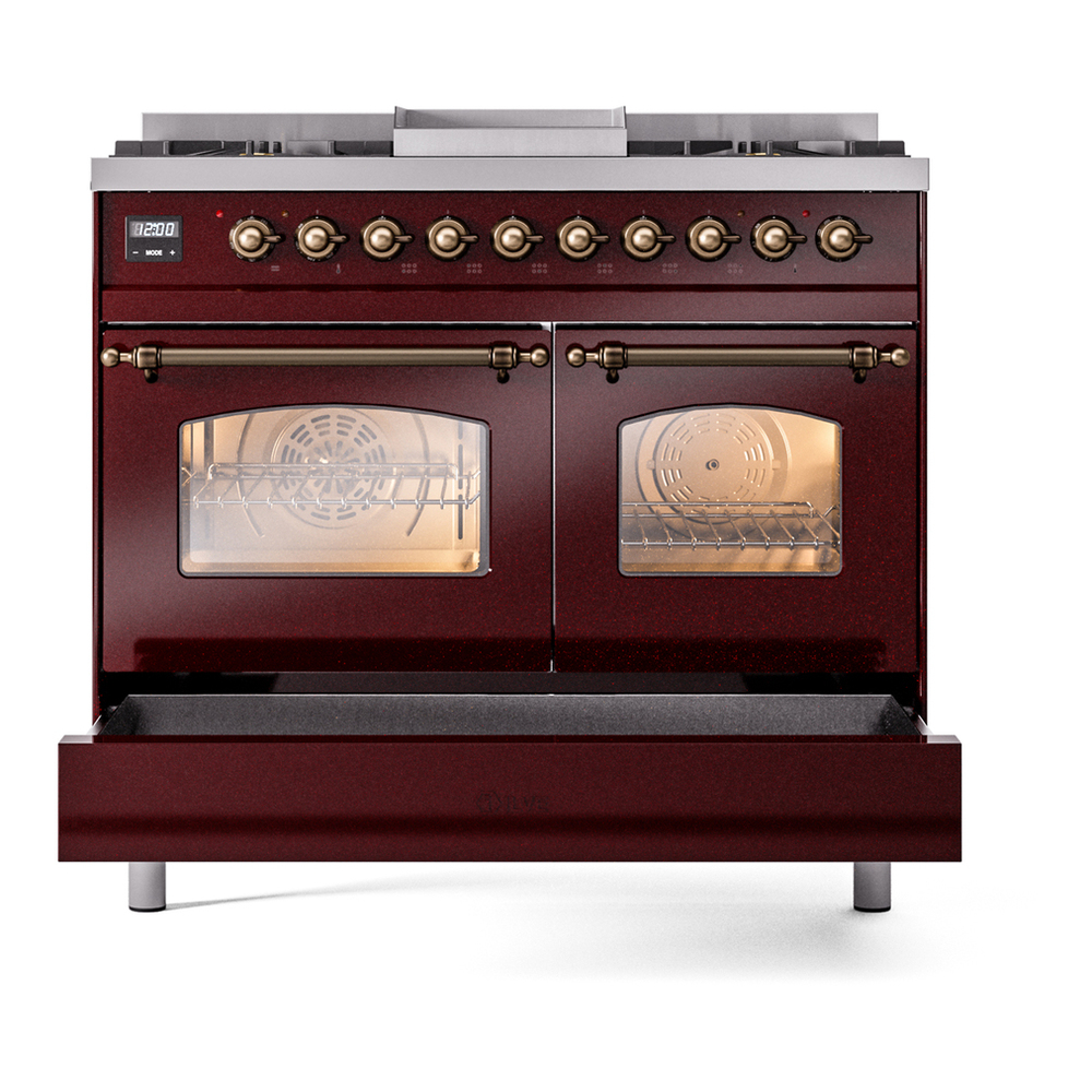 ILVE UPD40FNMPBUBLP Nostalgie II 40 inch Dual Fuel Range with Double Ovens, 6 Burners and Griddle (Liquid Propane, Triple Glass Door, Burgundy, Burnished) 9 ILVE UPD40FNMPBUBLP Nostalgie II 40" Dual Fuel Range, drawer opened