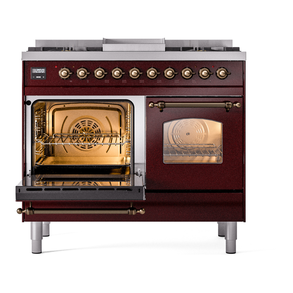ILVE UPD40FNMPBUB Nostalgie II 40 inch Dual Fuel Range with Double Ovens, 6 Burners and Griddle (Natural Gas, Triple Glass Door, Burgundy, Burnished) 7 ILVE UPD40FNMPBUB Nostalgie II 40" Dual Fuel Range, main oven door opened