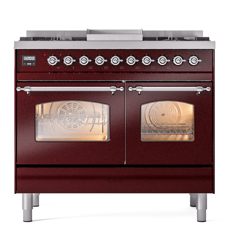ILVE UPD40FNMPBUCLP Nostalgie II 40 inch Dual Fuel Range with Double Ovens, 6 Burners and Griddle (Liquid Propane, Triple Glass Door, Burgundy, Chrome) 5 ILVE UPD40FNMPBUCLP Nostalgie II 40" Dual Fuel Range, front view