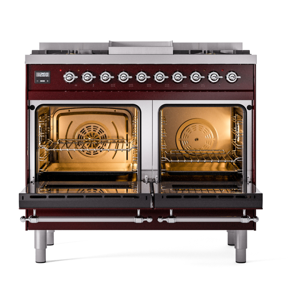 ILVE UPD40FNMPBUCLP Nostalgie II 40 inch Dual Fuel Range with Double Ovens, 6 Burners and Griddle (Liquid Propane, Triple Glass Door, Burgundy, Chrome) 6 ILVE UPD40FNMPBUCLP Nostalgie II 40" Dual Fuel Range, oven doors opened