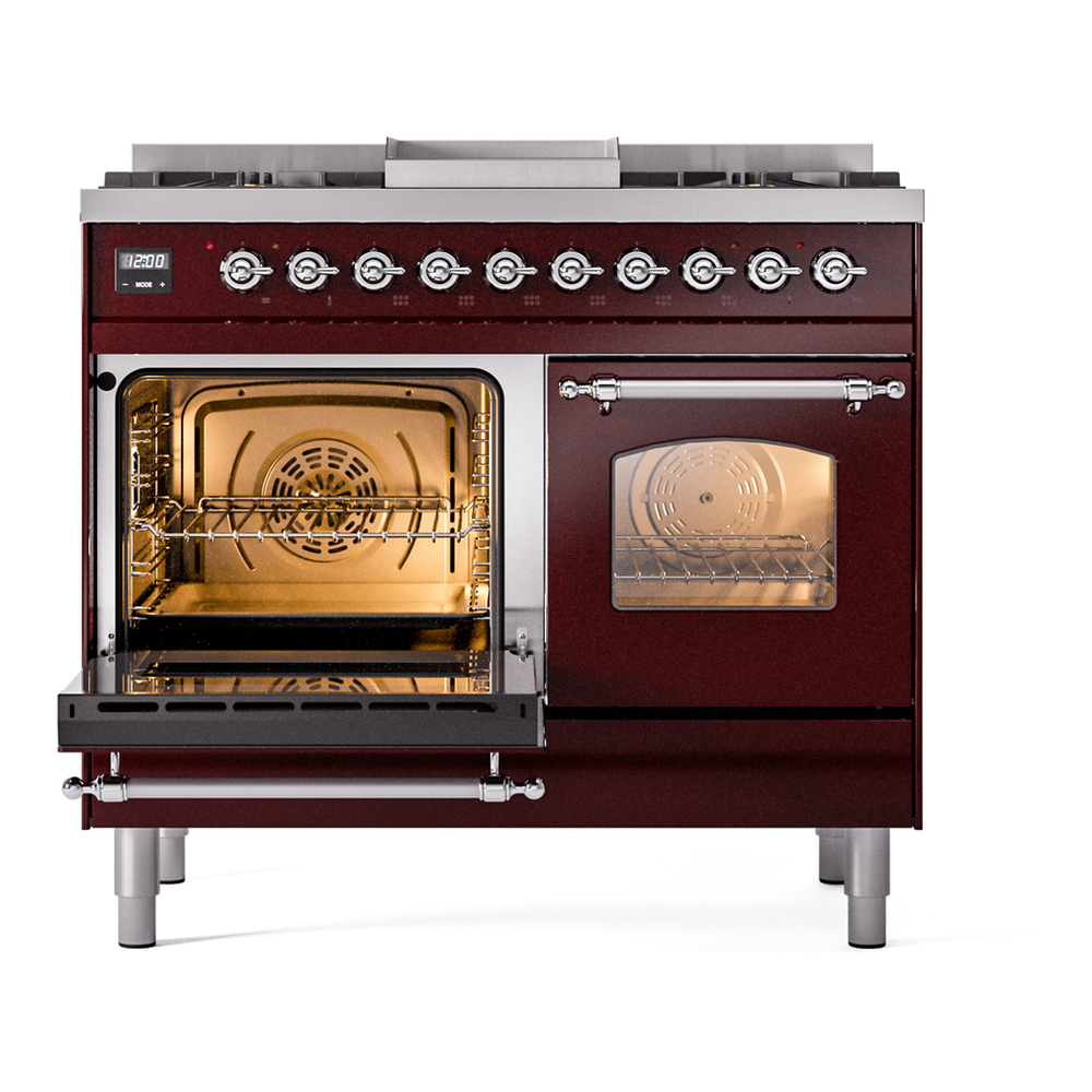 ILVE UPD40FNMPBUCLP Nostalgie II 40 inch Dual Fuel Range with Double Ovens, 6 Burners and Griddle (Liquid Propane, Triple Glass Door, Burgundy, Chrome) 7 ILVE UPD40FNMPBUCLP Nostalgie II 40" Dual Fuel Range, main oven door opened