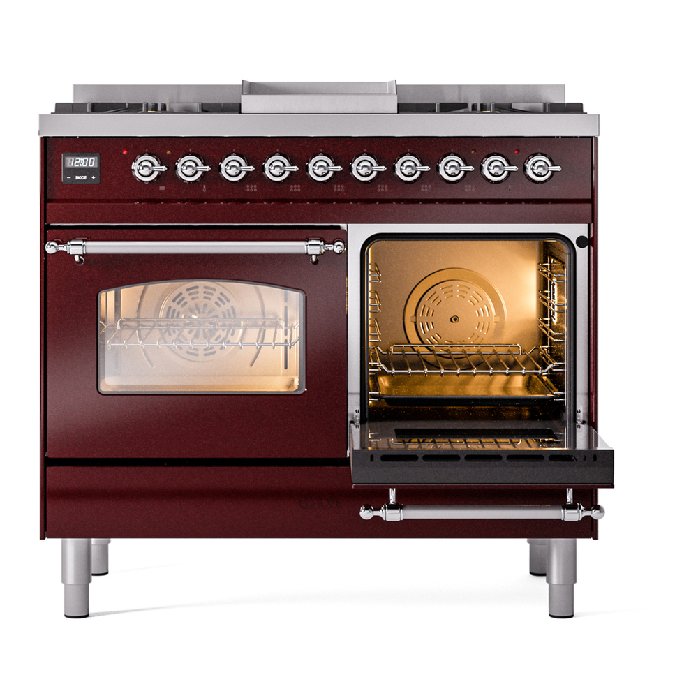 ILVE UPD40FNMPBUCLP Nostalgie II 40 inch Dual Fuel Range with Double Ovens, 6 Burners and Griddle (Liquid Propane, Triple Glass Door, Burgundy, Chrome) 8 ILVE UPD40FNMPBUCLP Nostalgie II 40" Dual Fuel Range, side oven door opened