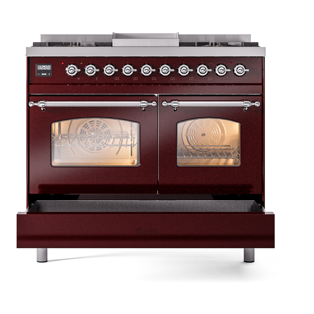 ILVE UPD40FNMPBUCLP Nostalgie II 40 inch Dual Fuel Range with Double Ovens, 6 Burners and Griddle (Liquid Propane, Triple Glass Door, Burgundy, Chrome) 9 ILVE UPD40FNMPBUCLP Nostalgie II 40" Dual Fuel Range, drawer opened