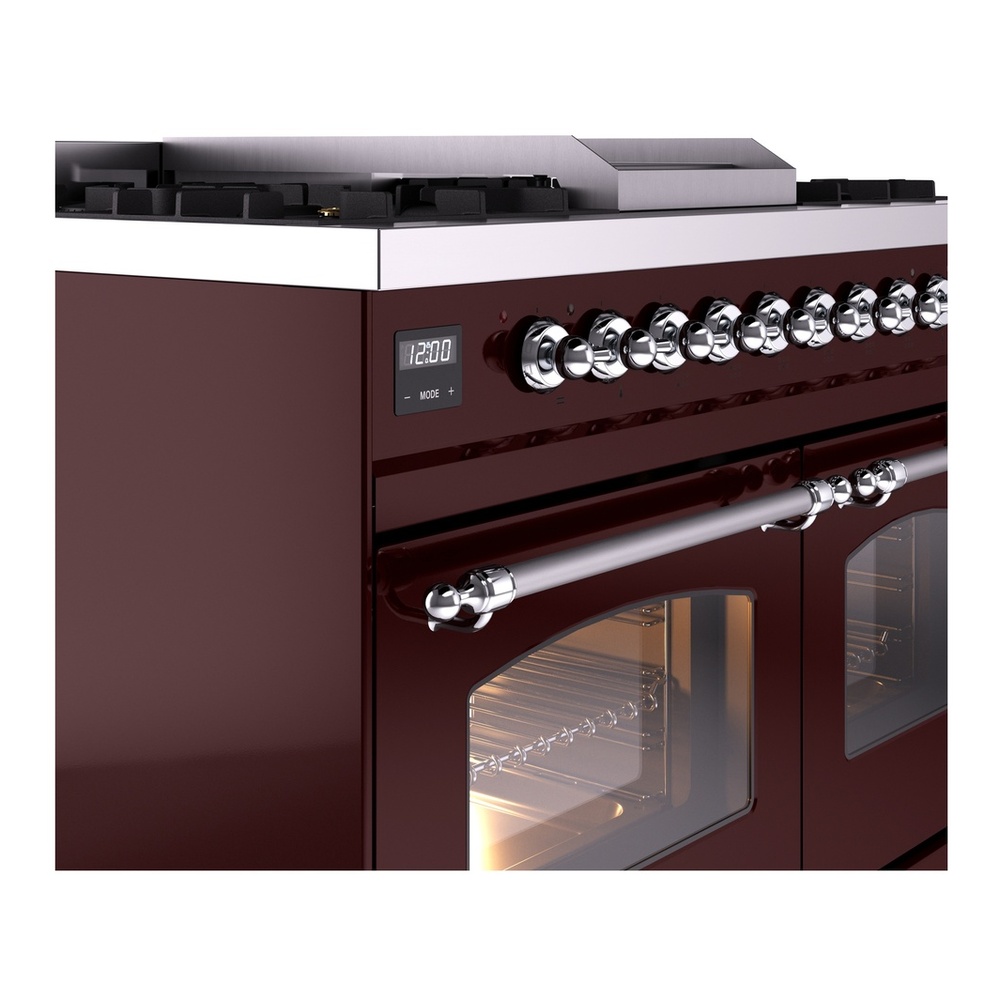ILVE UPD40FNMPBUCLP Nostalgie II 40 inch Dual Fuel Range with Double Ovens, 6 Burners and Griddle (Liquid Propane, Triple Glass Door, Burgundy, Chrome) 10 ILVE UPD40FNMPBUCLP Nostalgie II 40" Dual Fuel Range, details