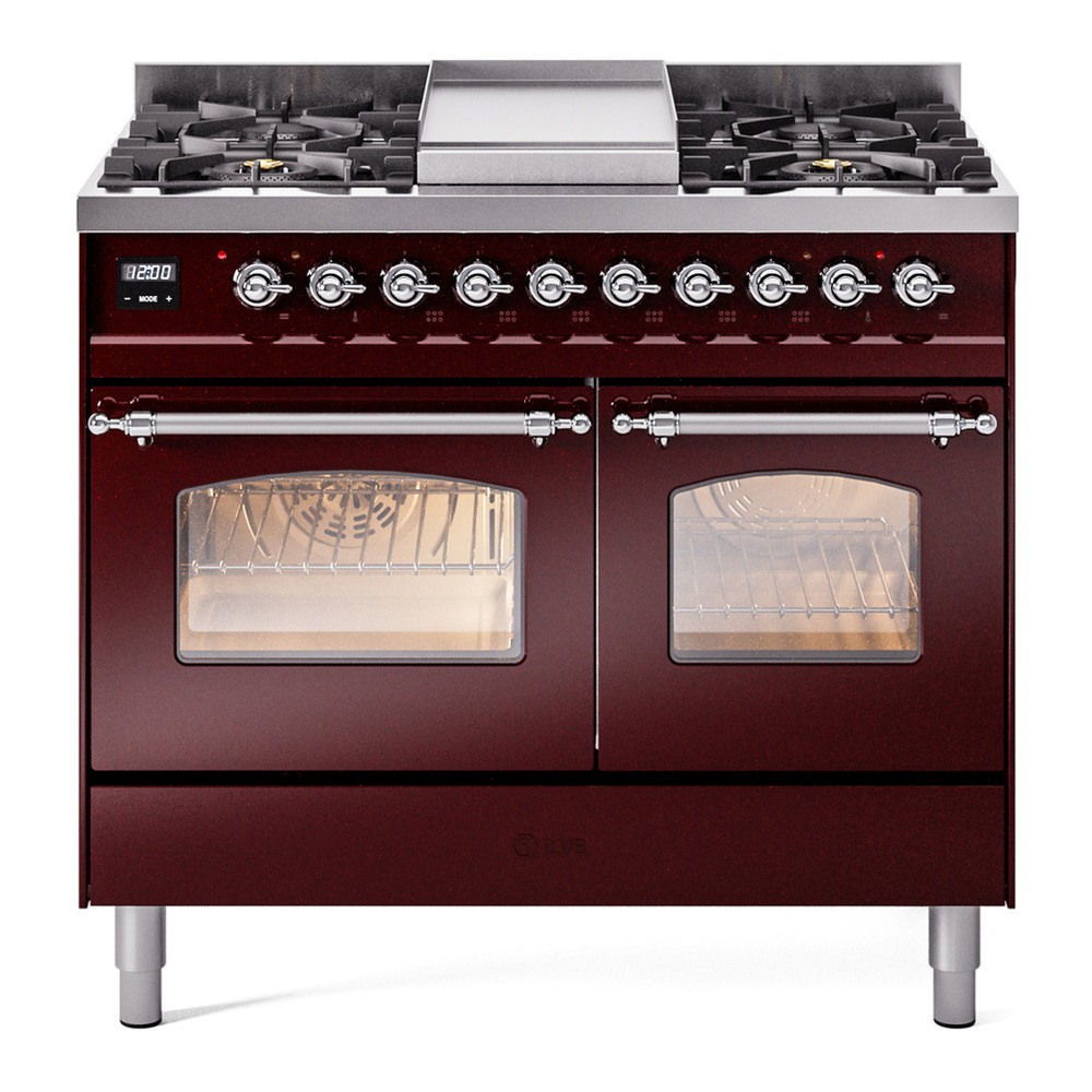 ILVE UPD40FNMPBUC Nostalgie II 40 inch Dual Fuel Range with Double Ovens, 6 Burners and Griddle (Natural Gas, Triple Glass Door, Burgundy, Chrome) 1 UPD40FNMPBUC