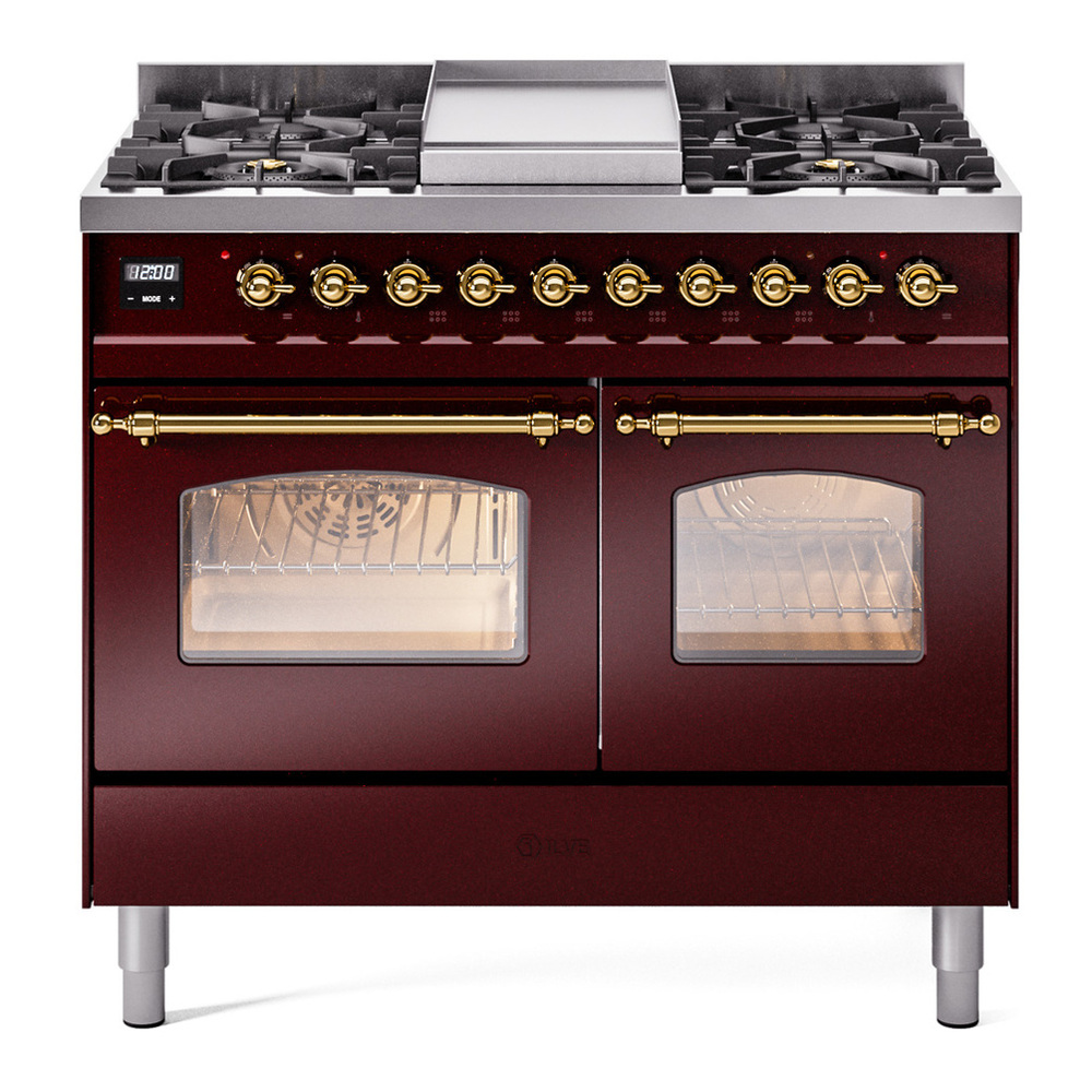 ILVE UPD40FNMPBUGLP Nostalgie II 40 inch Dual Fuel Range with Double Ovens, 6 Burners and Griddle (Liquid Propane, Triple Glass Door, Burgundy, Brass) 1 UPD40FNMPBUGLP