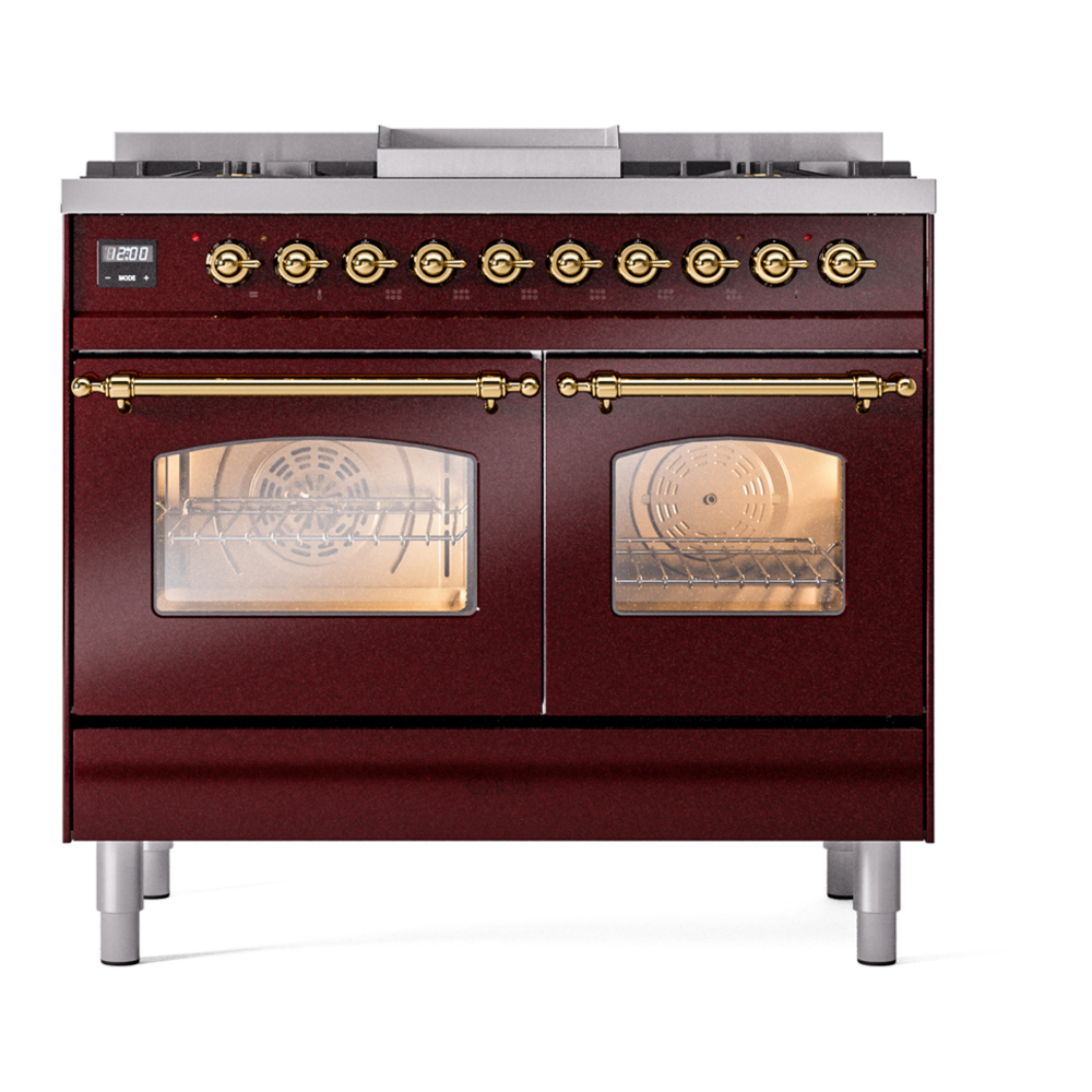ILVE UPD40FNMPBUGLP Nostalgie II 40 inch Dual Fuel Range with Double Ovens, 6 Burners and Griddle (Liquid Propane, Triple Glass Door, Burgundy, Brass) 5 ILVE UPD40FNMPBUGLP Nostalgie II 40" Dual Fuel Range, front view