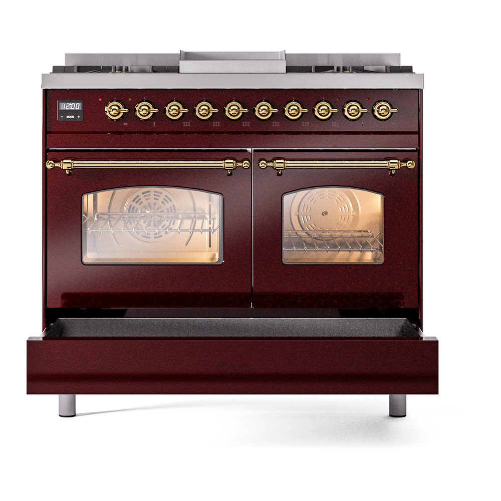 ILVE UPD40FNMPBUGLP Nostalgie II 40 inch Dual Fuel Range with Double Ovens, 6 Burners and Griddle (Liquid Propane, Triple Glass Door, Burgundy, Brass) 9 ILVE UPD40FNMPBUGLP Nostalgie II 40" Dual Fuel Range, drawer opened