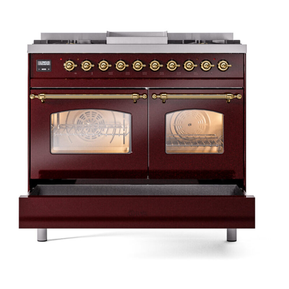 ILVE UPD40FNMPBUGLP Nostalgie II 40" Dual Fuel Range, drawer opened