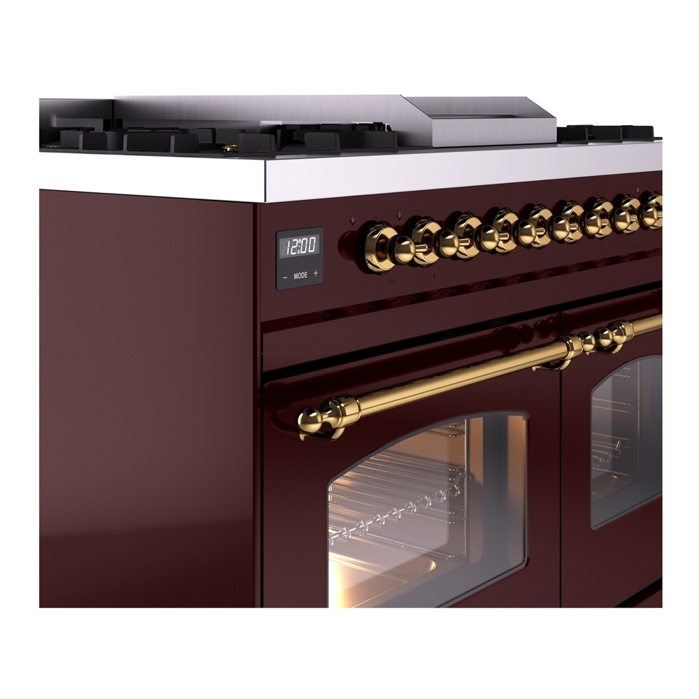ILVE UPD40FNMPBUGLP Nostalgie II 40 inch Dual Fuel Range with Double Ovens, 6 Burners and Griddle (Liquid Propane, Triple Glass Door, Burgundy, Brass) 10 ILVE UPD40FNMPBUGLP Nostalgie II 40" Dual Fuel Range, details