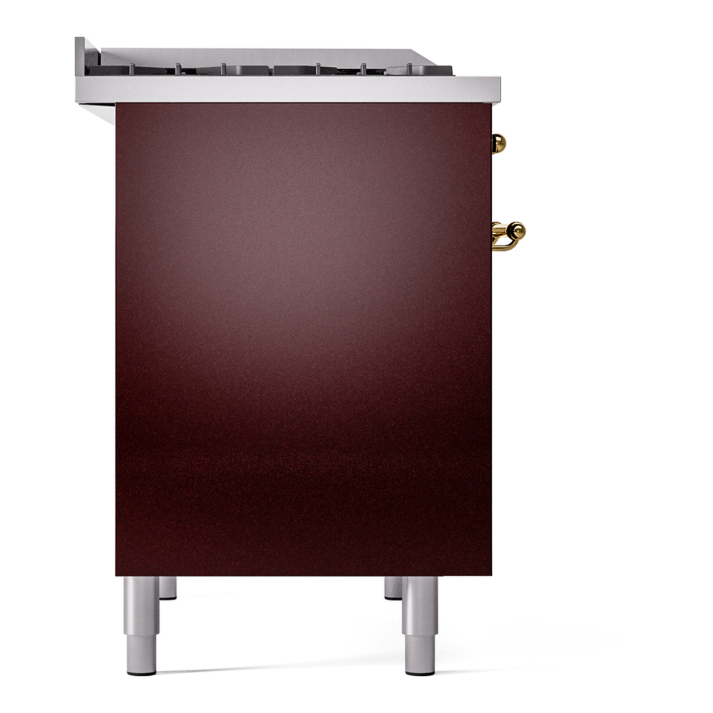 ILVE UPD40FNMPBUGLP Nostalgie II 40 inch Dual Fuel Range with Double Ovens, 6 Burners and Griddle (Liquid Propane, Triple Glass Door, Burgundy, Brass) 12 ILVE UPD40FNMPBUGLP Nostalgie II 40" Dual Fuel Range, left side view