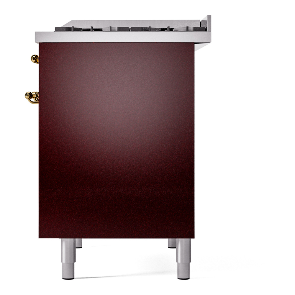 ILVE UPD40FNMPBUGLP Nostalgie II 40 inch Dual Fuel Range with Double Ovens, 6 Burners and Griddle (Liquid Propane, Triple Glass Door, Burgundy, Brass) 13 ILVE UPD40FNMPBUGLP Nostalgie II 40" Dual Fuel Range, right side view