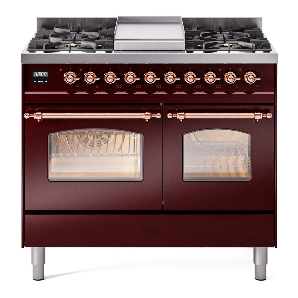 ILVE UPD40FNMPBUPLP Nostalgie II 40 inch Dual Fuel Range with Double Ovens, 6 Burners and Griddle (Liquid Propane, Triple Glass Door, Burgundy, Copper) 1 UPD40FNMPBUPLP