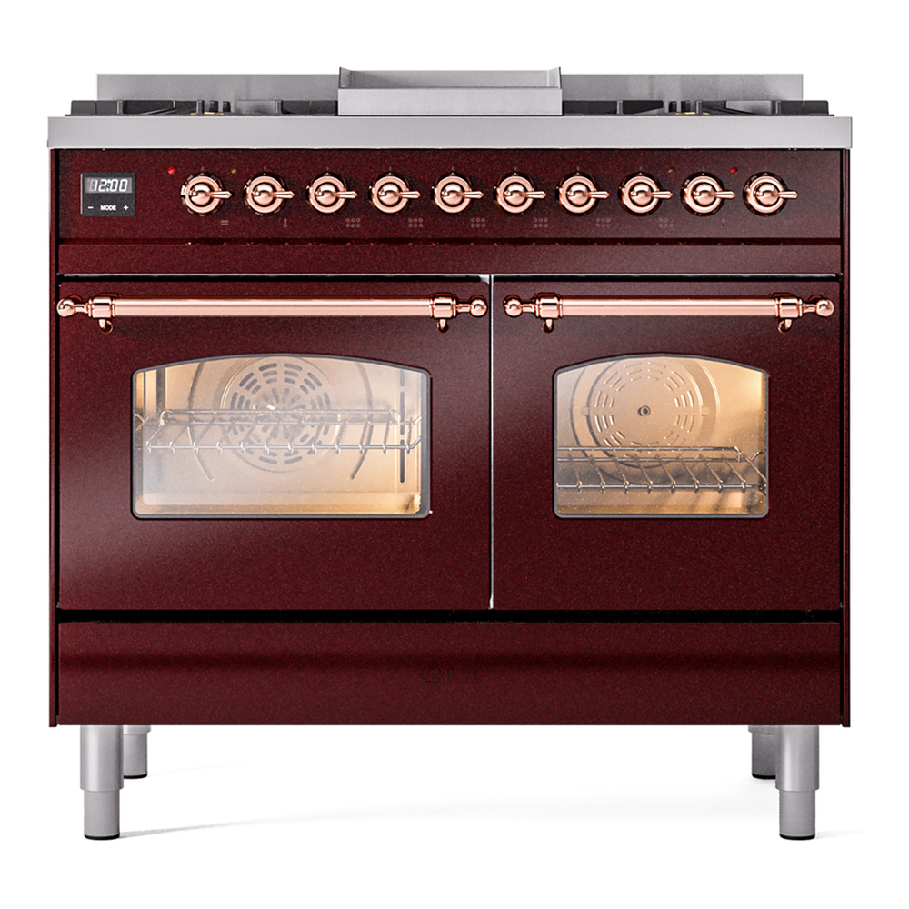 ILVE UPD40FNMPBUPLP Nostalgie II 40 inch Dual Fuel Range with Double Ovens, 6 Burners and Griddle (Liquid Propane, Triple Glass Door, Burgundy, Copper) 5 ILVE UPD40FNMPBUPLP Nostalgie II 40" Dual Fuel Range, front view