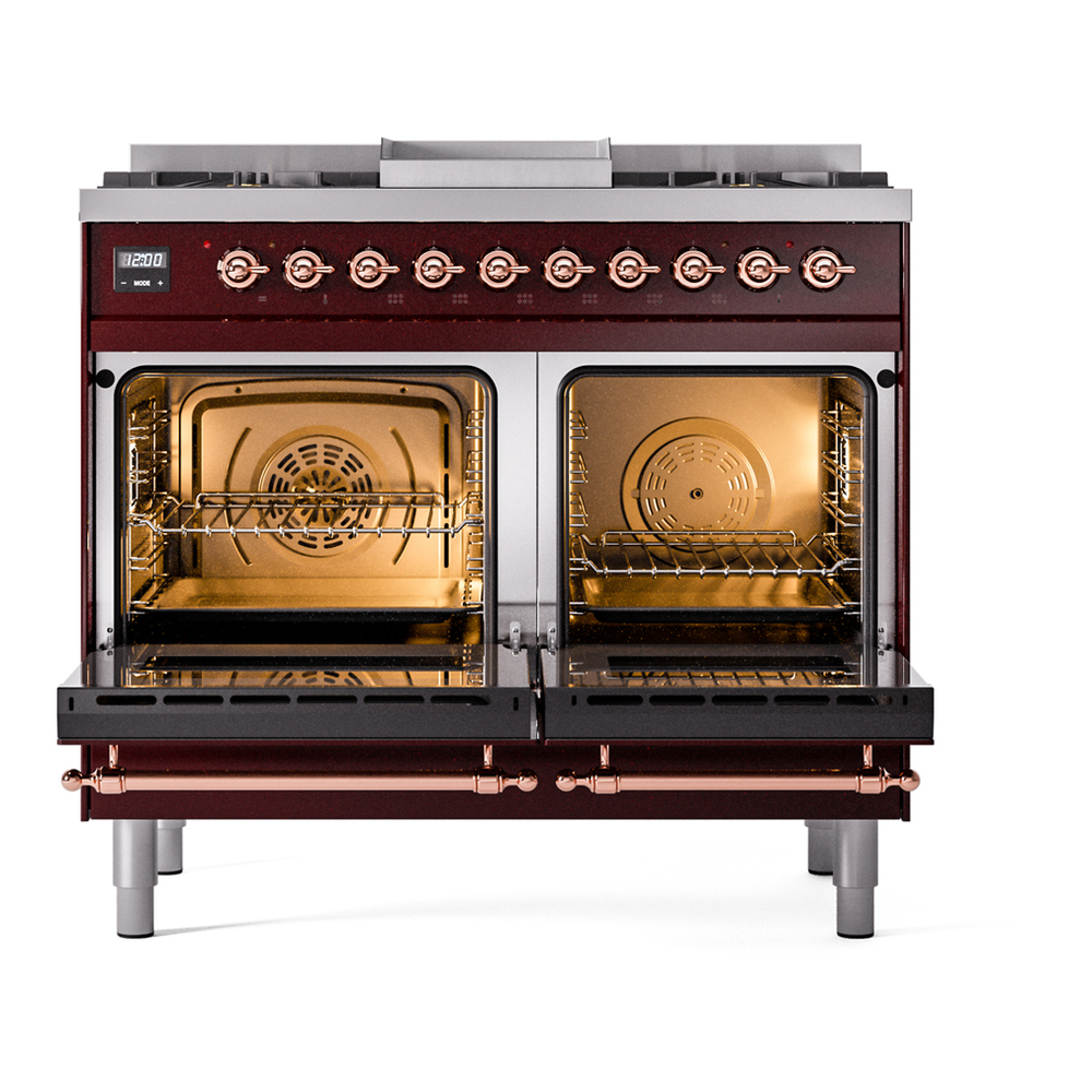 ILVE UPD40FNMPBUPLP Nostalgie II 40 inch Dual Fuel Range with Double Ovens, 6 Burners and Griddle (Liquid Propane, Triple Glass Door, Burgundy, Copper) 6 ILVE UPD40FNMPBUPLP Nostalgie II 40" Dual Fuel Range, oven doors opened