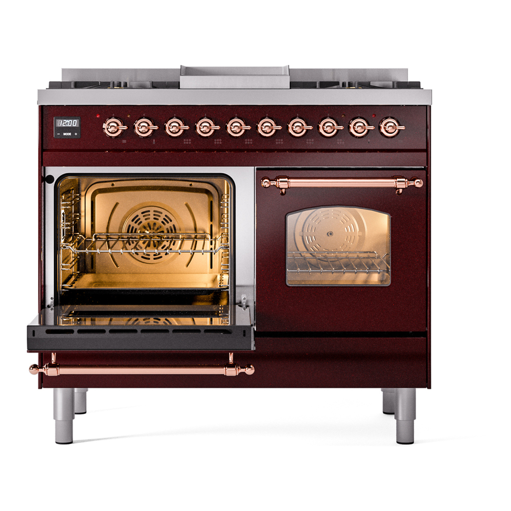 ILVE UPD40FNMPBUPLP Nostalgie II 40 inch Dual Fuel Range with Double Ovens, 6 Burners and Griddle (Liquid Propane, Triple Glass Door, Burgundy, Copper) 7 ILVE UPD40FNMPBUPLP Nostalgie II 40" Dual Fuel Range, main oven door opened