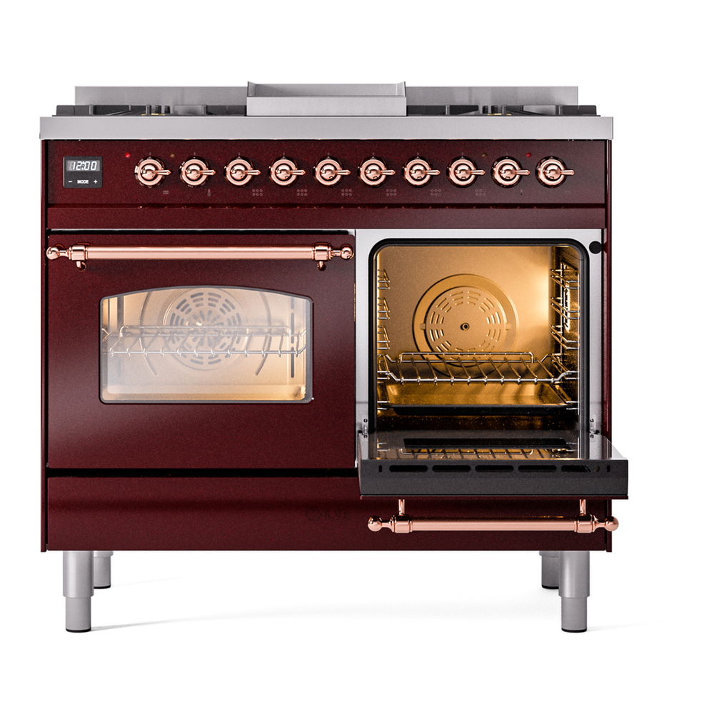 ILVE UPD40FNMPBUP Nostalgie II 40 inch Dual Fuel Range with Double Ovens, 6 Burners and Griddle (Natural Gas, Triple Glass Door, Burgundy, Copper) 8 ILVE UPD40FNMPBUP Nostalgie II 40" Dual Fuel Range, side oven door opened