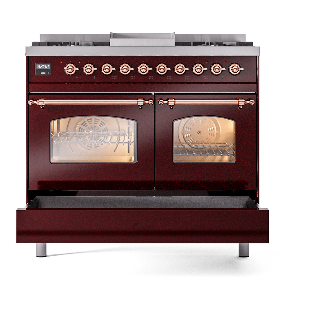 ILVE UPD40FNMPBUP Nostalgie II 40 inch Dual Fuel Range with Double Ovens, 6 Burners and Griddle (Natural Gas, Triple Glass Door, Burgundy, Copper) 9 ILVE UPD40FNMPBUP Nostalgie II 40" Dual Fuel Range, drawer opened