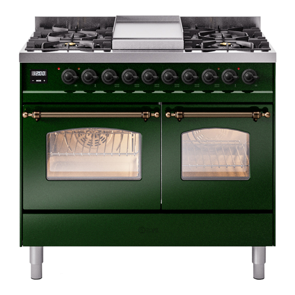 ILVE UPD40FNMPEGBLP Nostalgie II 40 inch Dual Fuel Range with Double Ovens, 6 Burners and Griddle (Liquid Propane, Triple Glass Door, Emerald Green, Burnished) 1 UPD40FNMPEGBLP