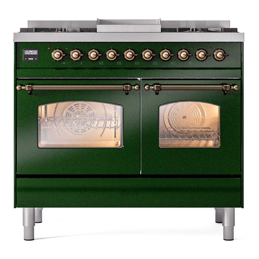 ILVE UPD40FNMPEGBLP Nostalgie II 40 inch Dual Fuel Range with Double Ovens, 6 Burners and Griddle (Liquid Propane, Triple Glass Door, Emerald Green, Burnished) 5 ILVE UPD40FNMPEGBLP Nostalgie II 40" Dual Fuel Range, front view