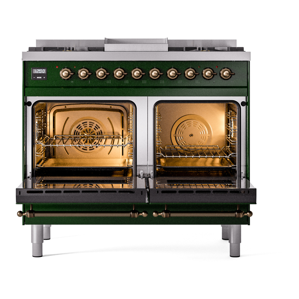 ILVE UPD40FNMPEGB Nostalgie II 40 inch Dual Fuel Range with Double Ovens, 6 Burners and Griddle (Natural Gas, Triple Glass Door, Emerald Green, Burnished) 6 ILVE UPD40FNMPEGB Nostalgie II 40" Dual Fuel Range, oven doors opened