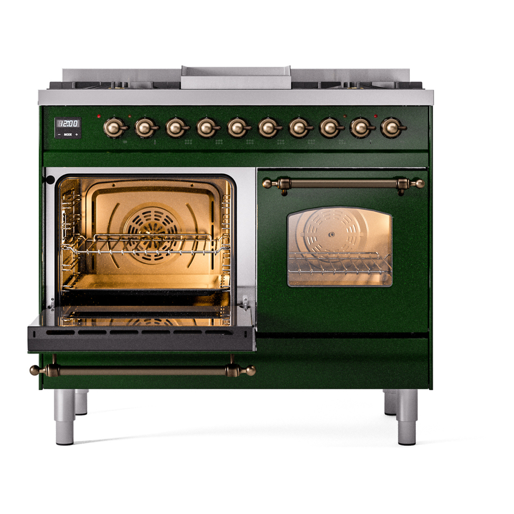 ILVE UPD40FNMPEGB Nostalgie II 40 inch Dual Fuel Range with Double Ovens, 6 Burners and Griddle (Natural Gas, Triple Glass Door, Emerald Green, Burnished) 7 ILVE UPD40FNMPEGB Nostalgie II 40" Dual Fuel Range, main oven door opened