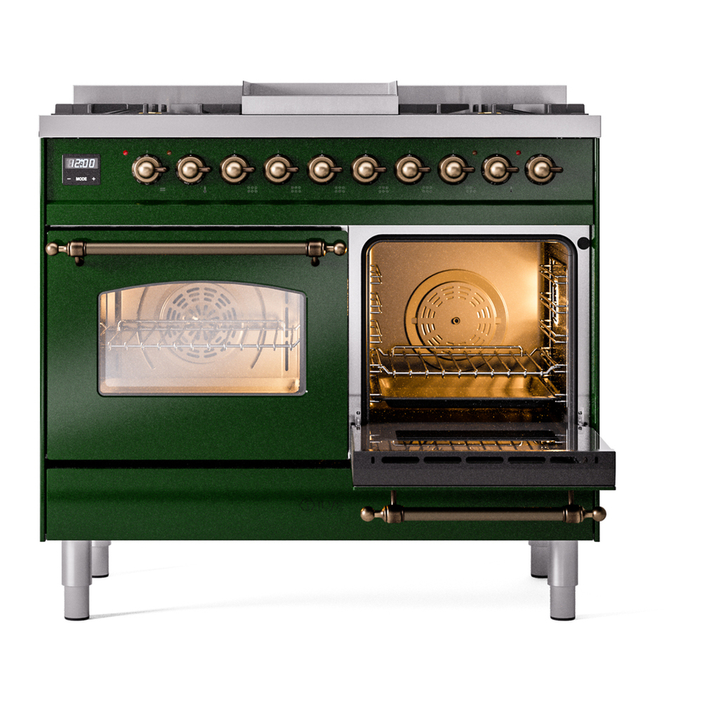 ILVE UPD40FNMPEGB Nostalgie II 40 inch Dual Fuel Range with Double Ovens, 6 Burners and Griddle (Natural Gas, Triple Glass Door, Emerald Green, Burnished) 8 ILVE UPD40FNMPEGB Nostalgie II 40" Dual Fuel Range, side oven door opened