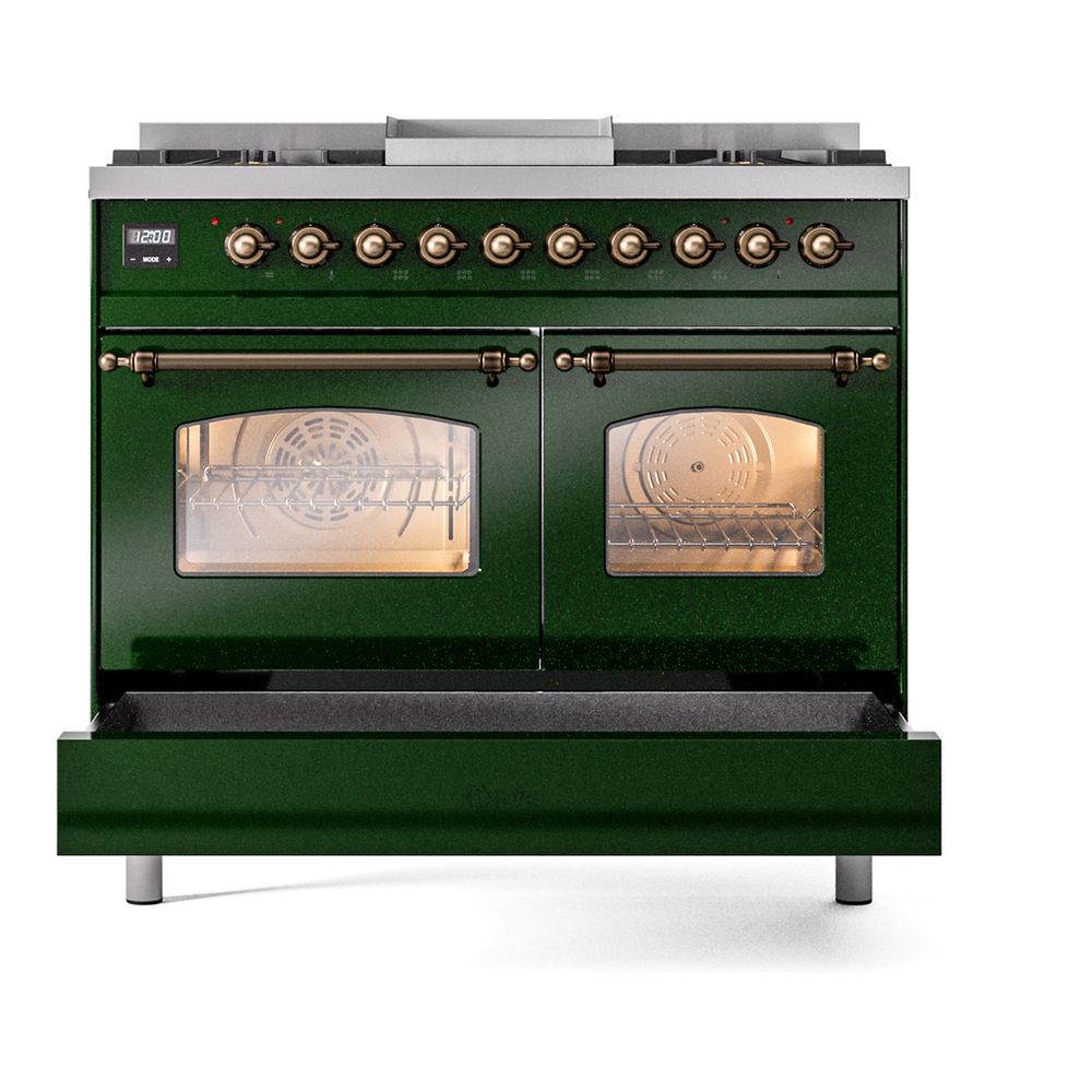 ILVE UPD40FNMPEGB Nostalgie II 40 inch Dual Fuel Range with Double Ovens, 6 Burners and Griddle (Natural Gas, Triple Glass Door, Emerald Green, Burnished) 9 ILVE UPD40FNMPEGB Nostalgie II 40" Dual Fuel Range, drawer opened