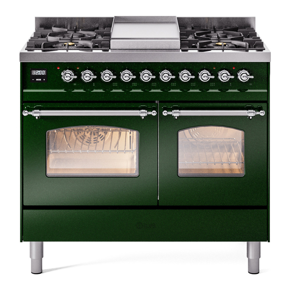 ILVE UPD40FNMPEGCLP Nostalgie II 40 inch Dual Fuel Range with Double Ovens, 6 Burners and Griddle (Liquid Propane, Triple Glass Door, Emerald Green, Chrome) 1 UPD40FNMPEGCLP