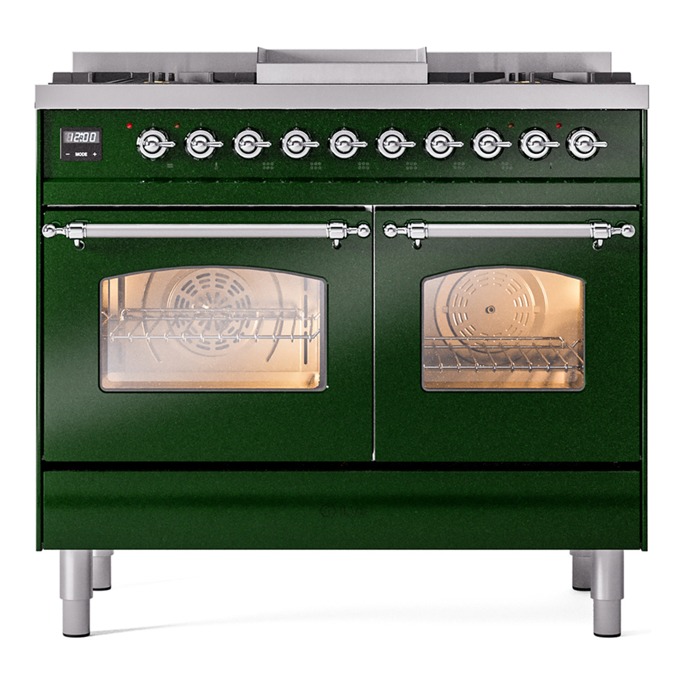 ILVE UPD40FNMPEGCLP Nostalgie II 40 inch Dual Fuel Range with Double Ovens, 6 Burners and Griddle (Liquid Propane, Triple Glass Door, Emerald Green, Chrome) 5 ILVE UPD40FNMPEGCLP Nostalgie II 40" Dual Fuel Range, front view