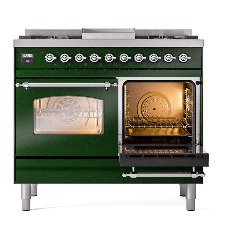 ILVE UPD40FNMPEGCLP Nostalgie II 40 inch Dual Fuel Range with Double Ovens, 6 Burners and Griddle (Liquid Propane, Triple Glass Door, Emerald Green, Chrome) 8 ILVE UPD40FNMPEGCLP Nostalgie II 40" Dual Fuel Range, side oven door opened