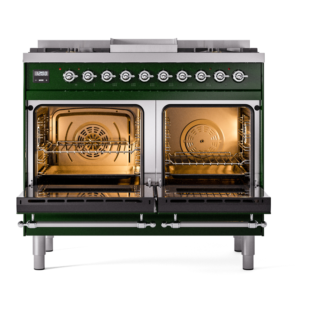 ILVE UPD40FNMPEGC Nostalgie II 40 inch Dual Fuel Range with Double Ovens, 6 Burners and Griddle (Natural Gas, Triple Glass Door, Emerald Green, Chrome) 6 ILVE UPD40FNMPEGC Nostalgie II 40" Dual Fuel Range, oven doors opened
