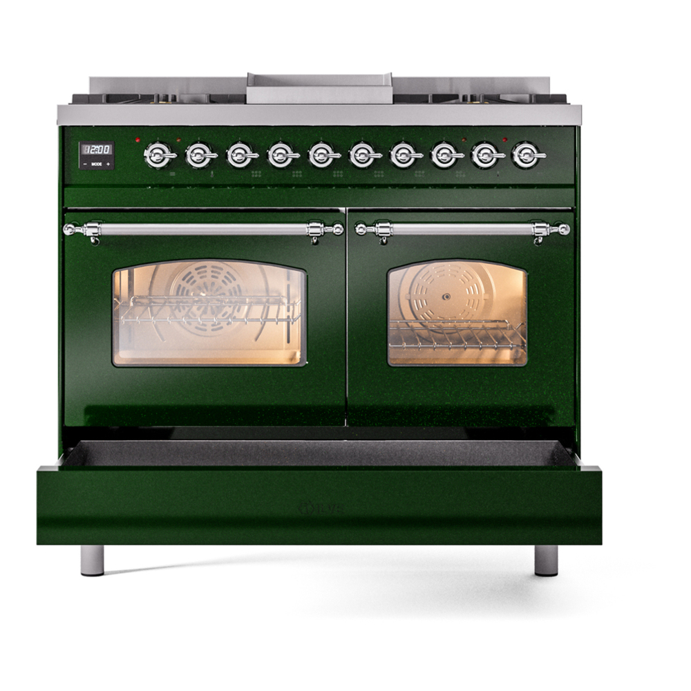ILVE UPD40FNMPEGC Nostalgie II 40 inch Dual Fuel Range with Double Ovens, 6 Burners and Griddle (Natural Gas, Triple Glass Door, Emerald Green, Chrome) 9 ILVE UPD40FNMPEGC Nostalgie II 40" Dual Fuel Range, drawer opened